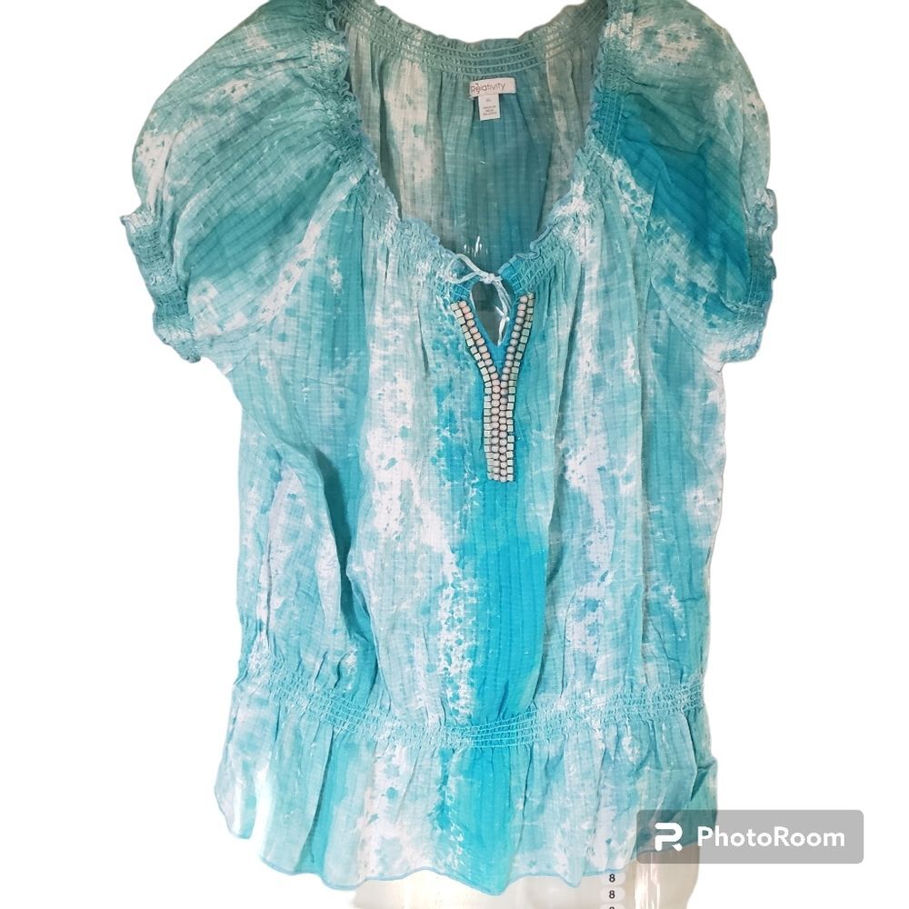 Relativity Women's XL Boho Tie-Dye Beaded‎ Peasant Top 100% Cotton
